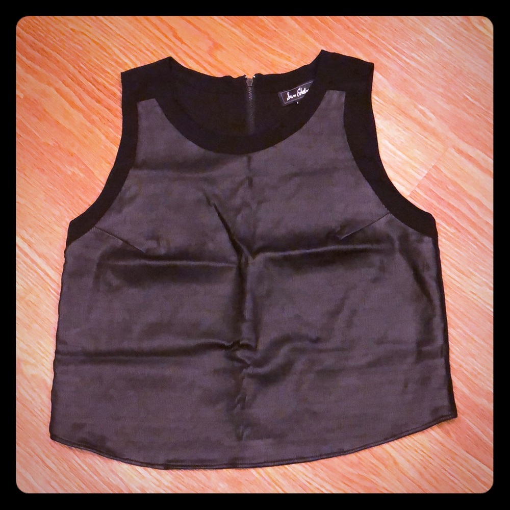 Leather front sleeveless shirt
